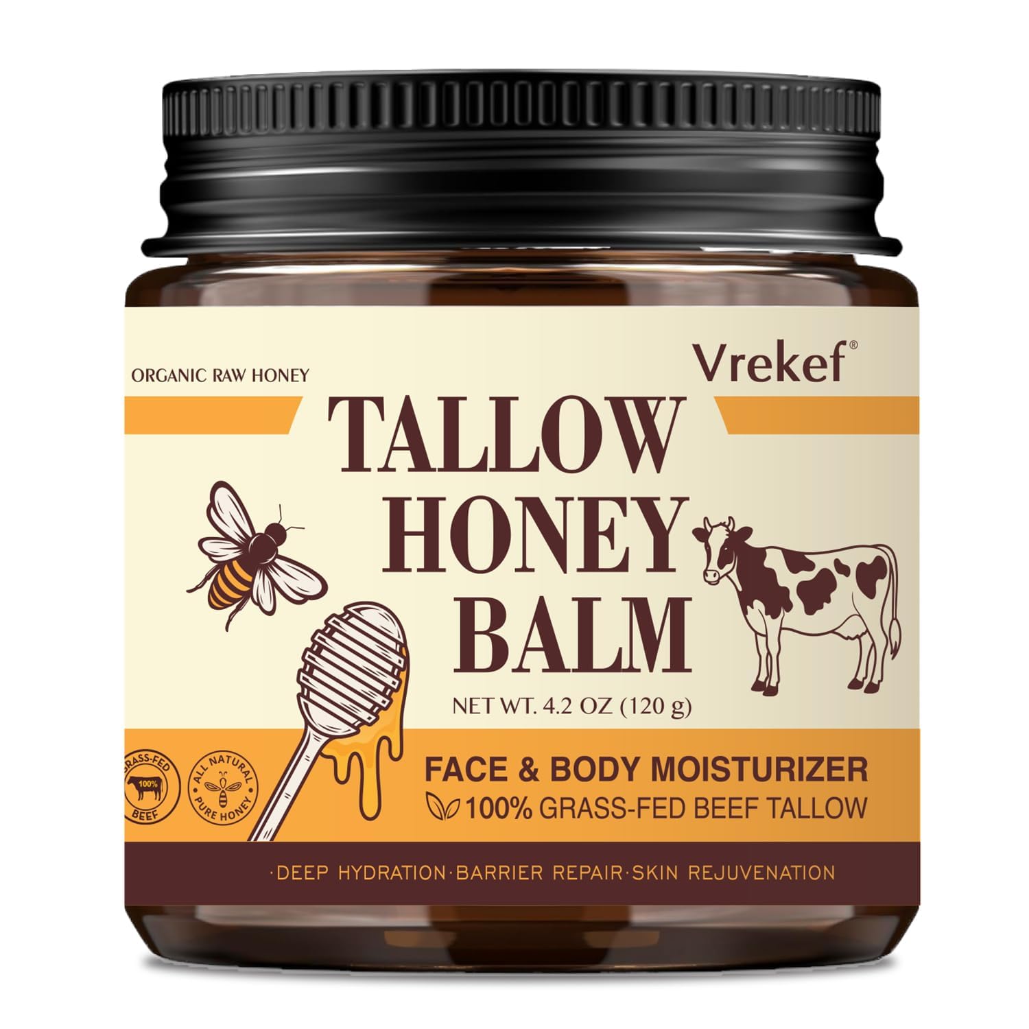VREKEF beef tallow jar showing smooth, non-greasy skin nourishment.