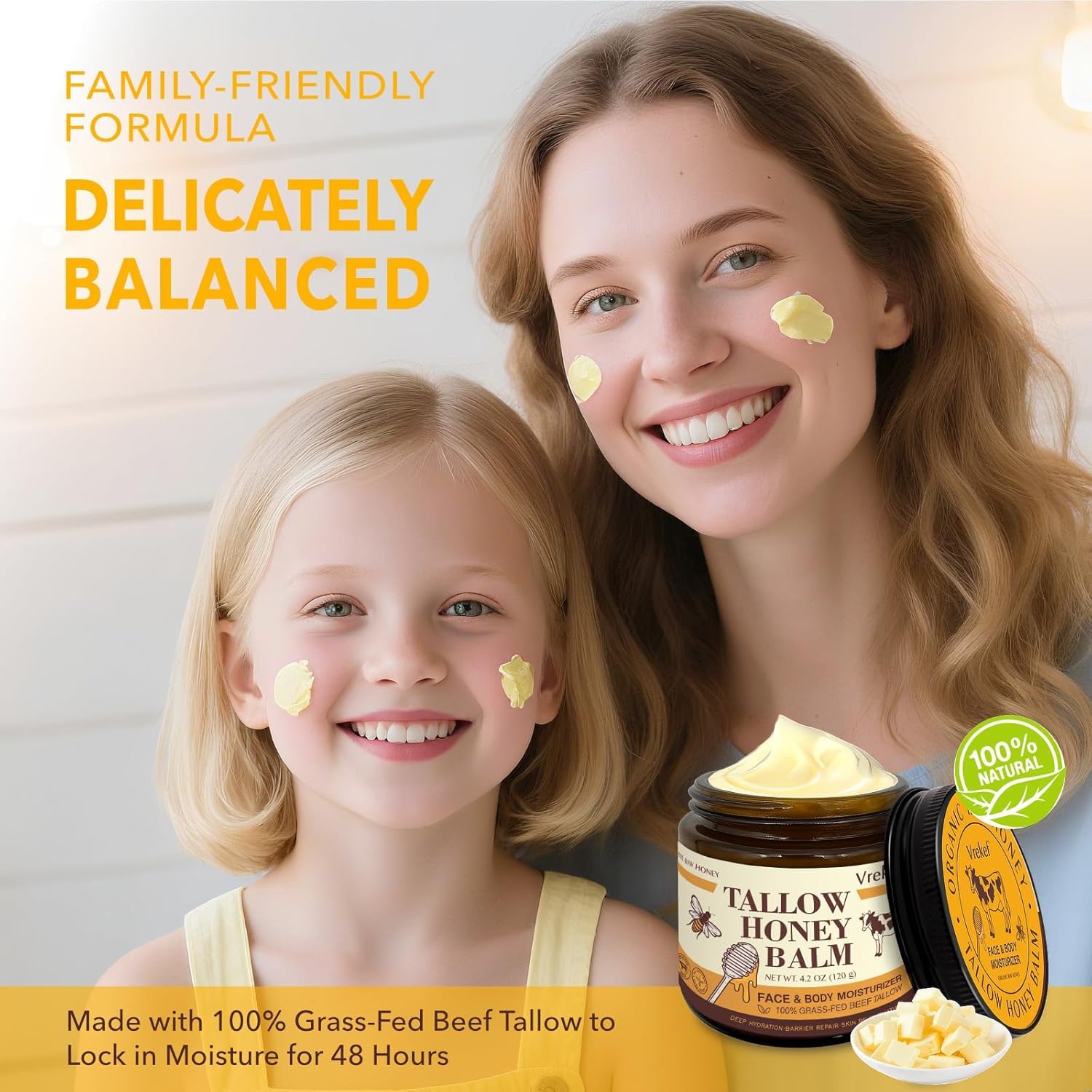VREKEF beeswax pellet indicates protective balm base for versatile application.