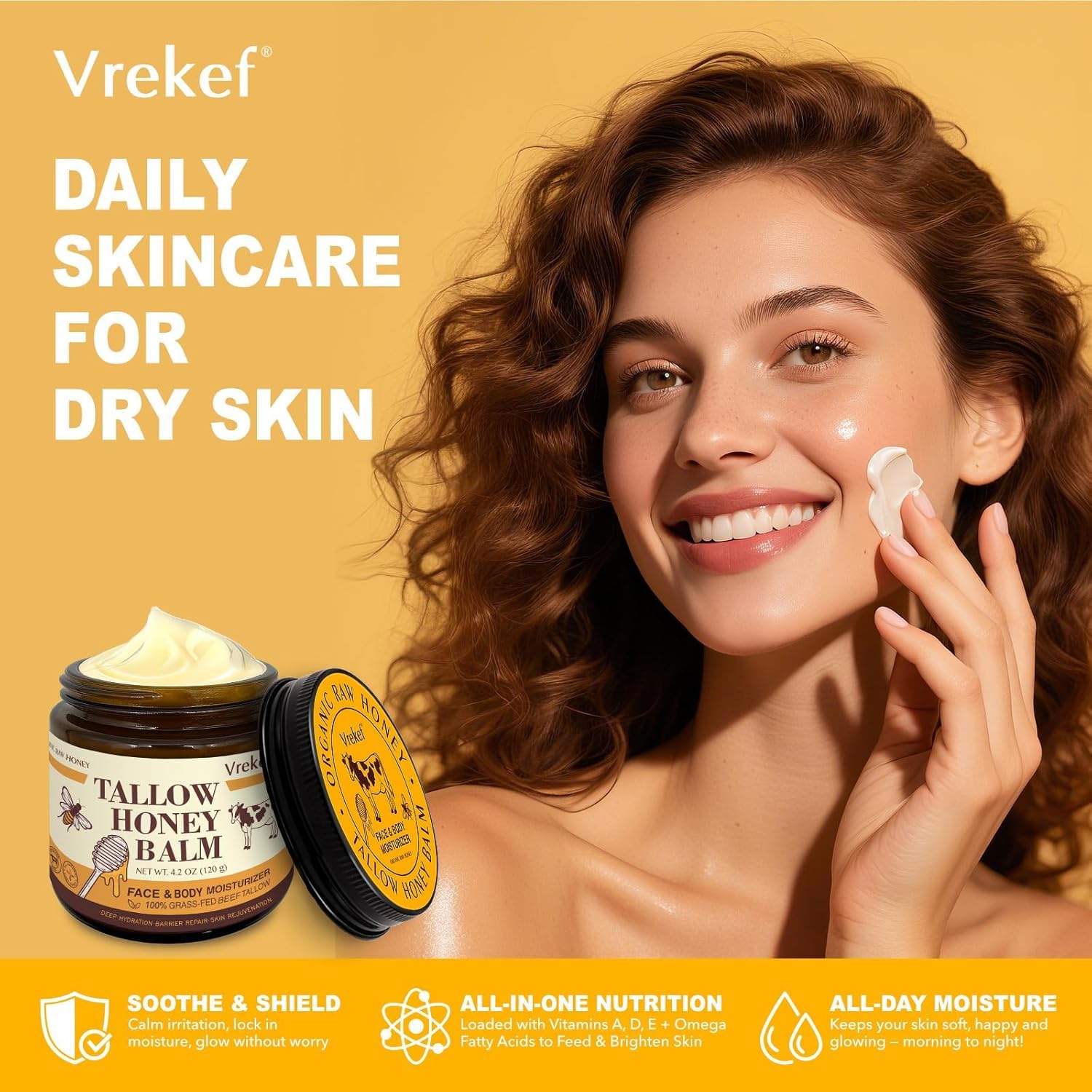 VREKEF hand-application demonstrates multi-use for face, hands, or body.