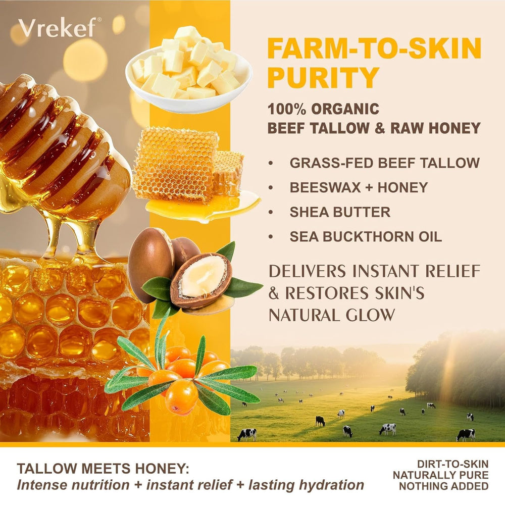 VREKEF honey drops illustrate natural moisture and gentle scent for daily care.