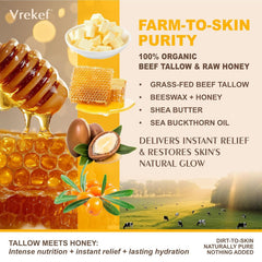 VREKEF honey drops illustrate natural moisture and gentle scent for daily care.