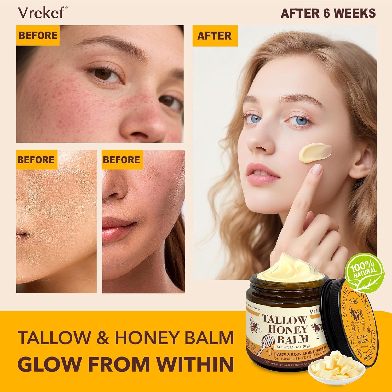 VREKEF shea butter block showcases creamy formula for lasting hydration.