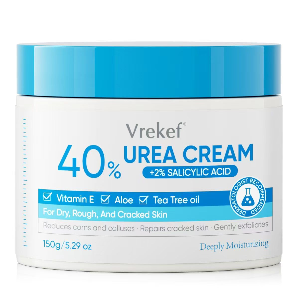 VREKEF Urea Cream 40% bottle pour demonstrates quick, non-greasy hydration for dry feet.