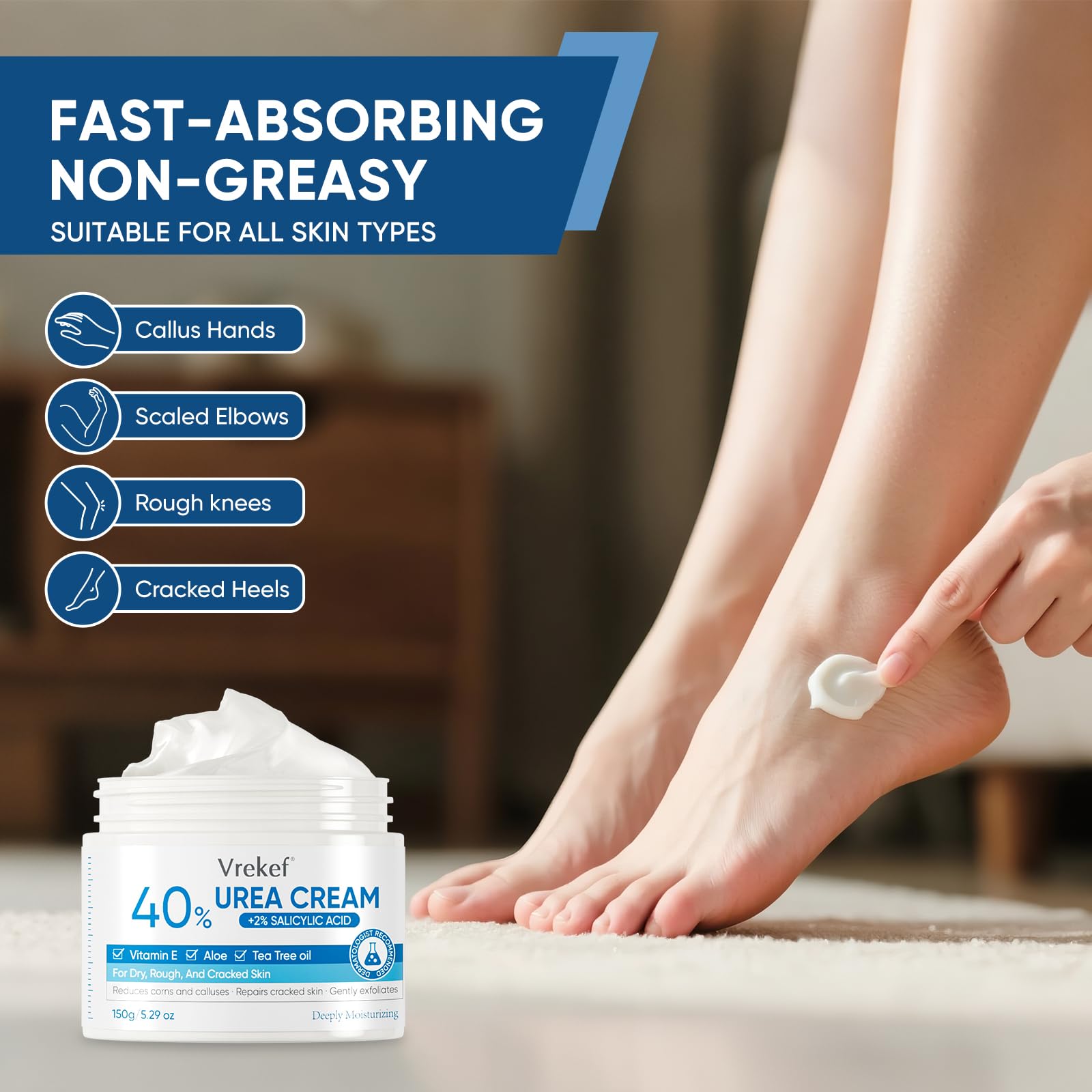 VREKEF Urea Cream 40% on dry feet demonstrates comforting care.