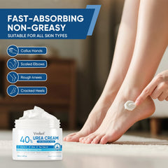 VREKEF Urea Cream 40% on dry feet demonstrates comforting care.