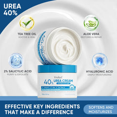 VREKEF Urea Cream 40% with glycerin and avocado oil for hydration.
