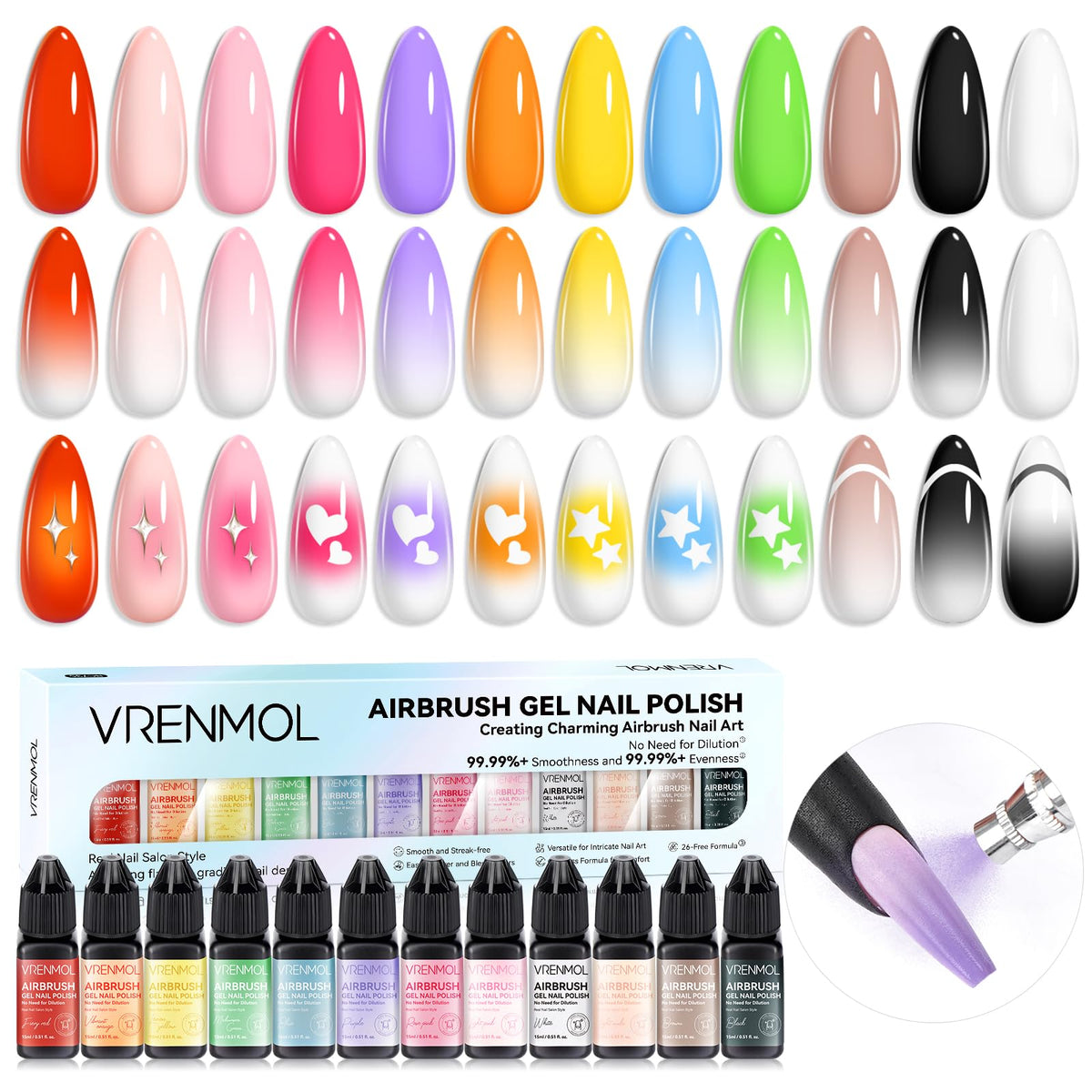 VRENMOL 12 bright colors airbrush nail polish for vibrant gradients and nail art