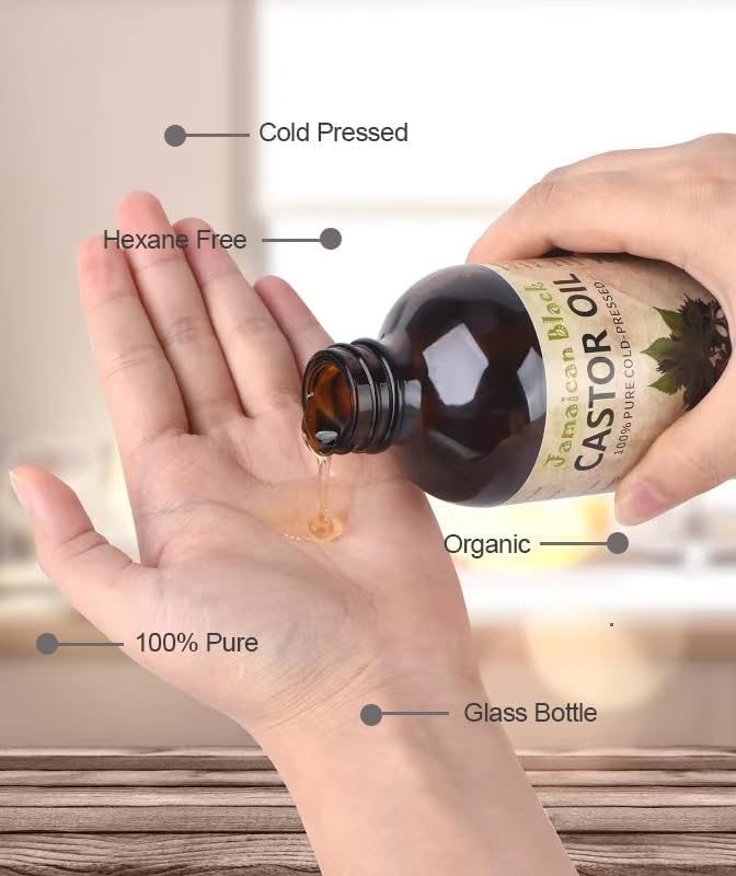 VRJEUGO Organic cold-pressed castor oil label close-up emphasizing purity