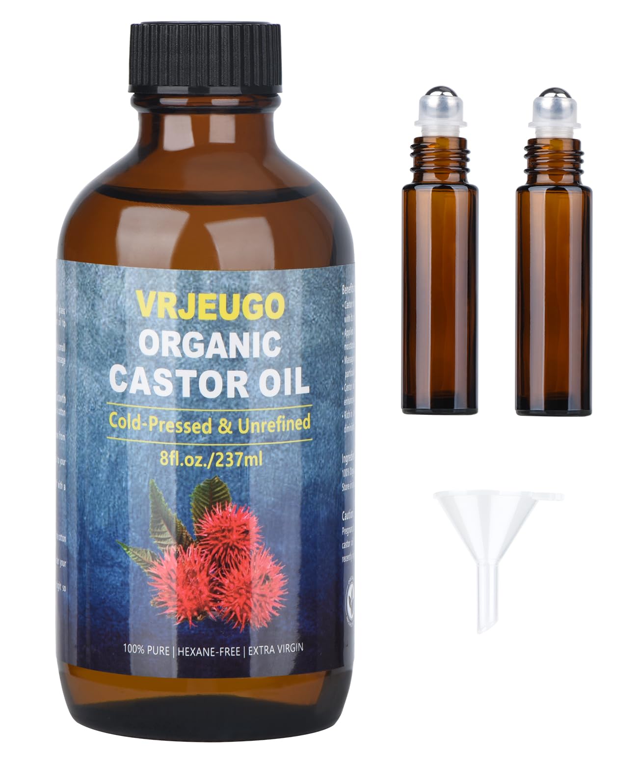 VRJEUGO organic castor oil rollerball bottle amber glass for deep skin hydration