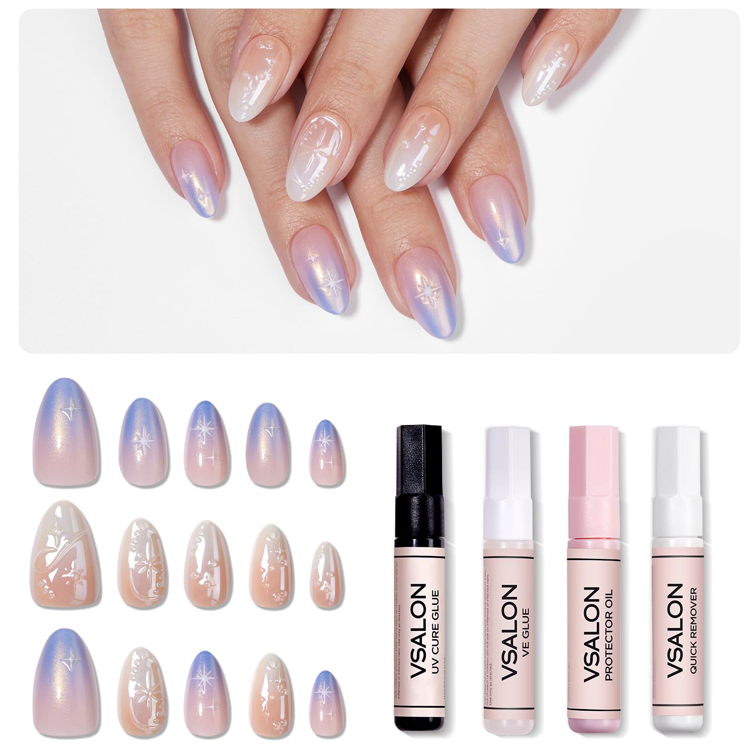 32 French-tip VSALON nails in 16 sizes for precise fit.