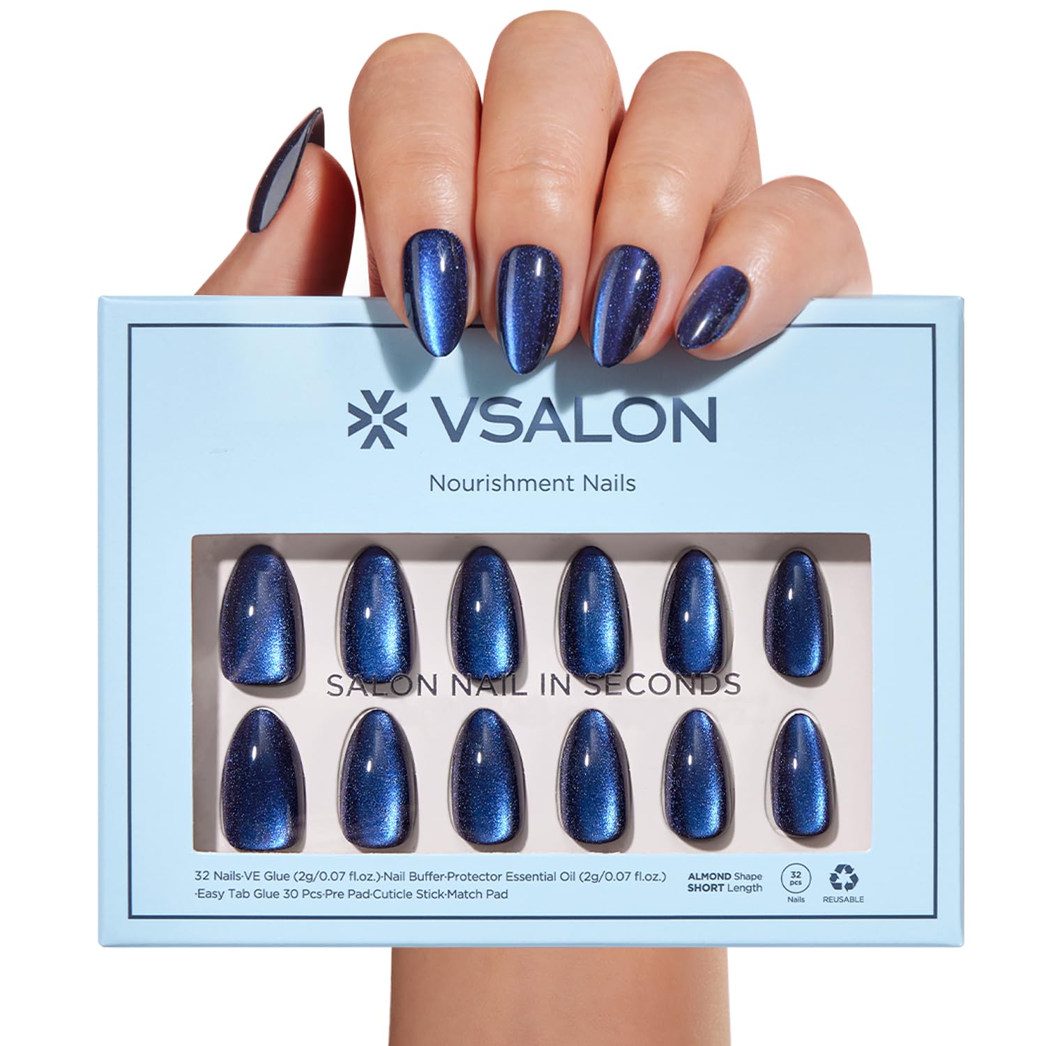 VSALON blue cat eye chrome press-on nails for a luminous salon-ready finish.