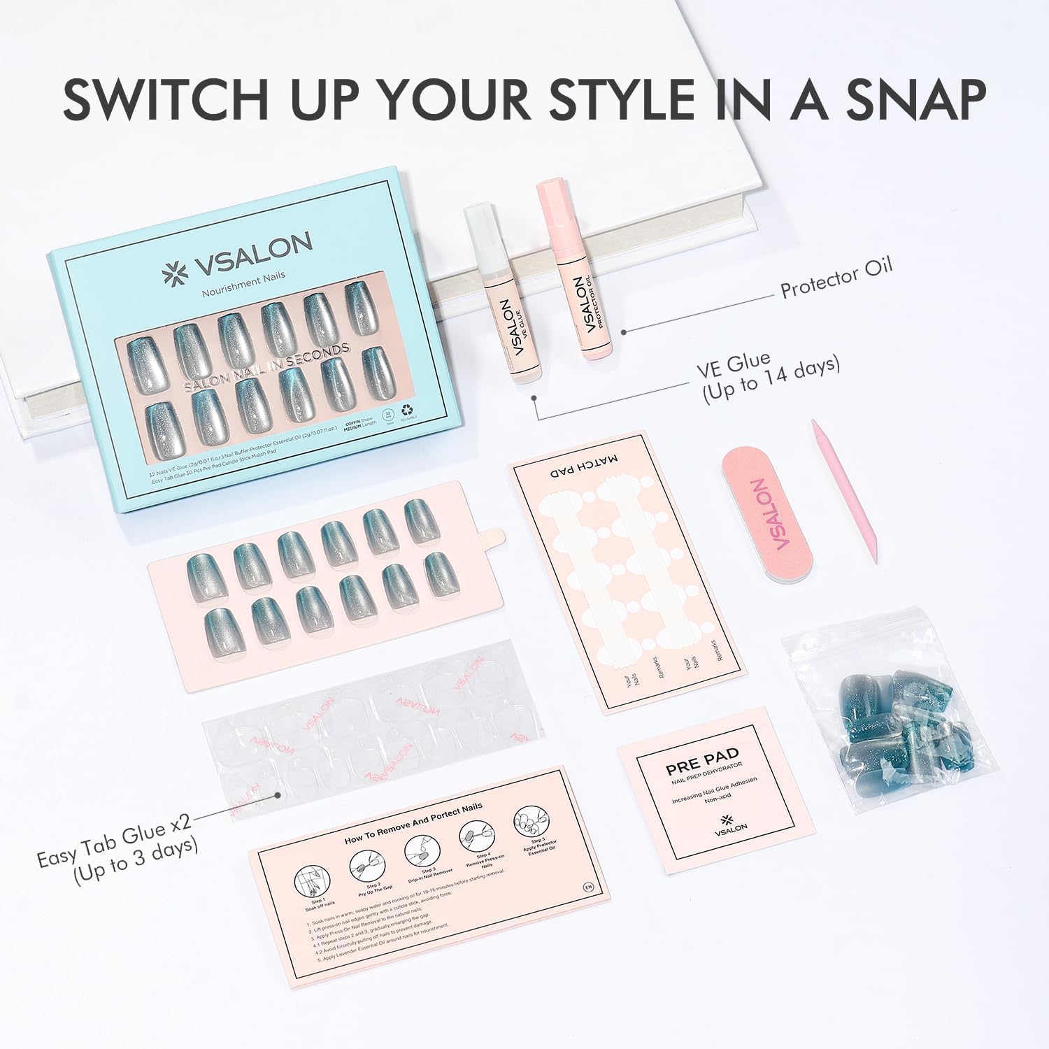 VSALON Cuticle Oil included supports aftercare and shine.