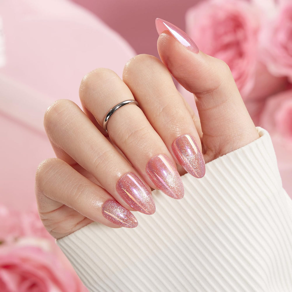 VSALON pink cat-eye glow on nails in soft lighting shows iridescent sparkle