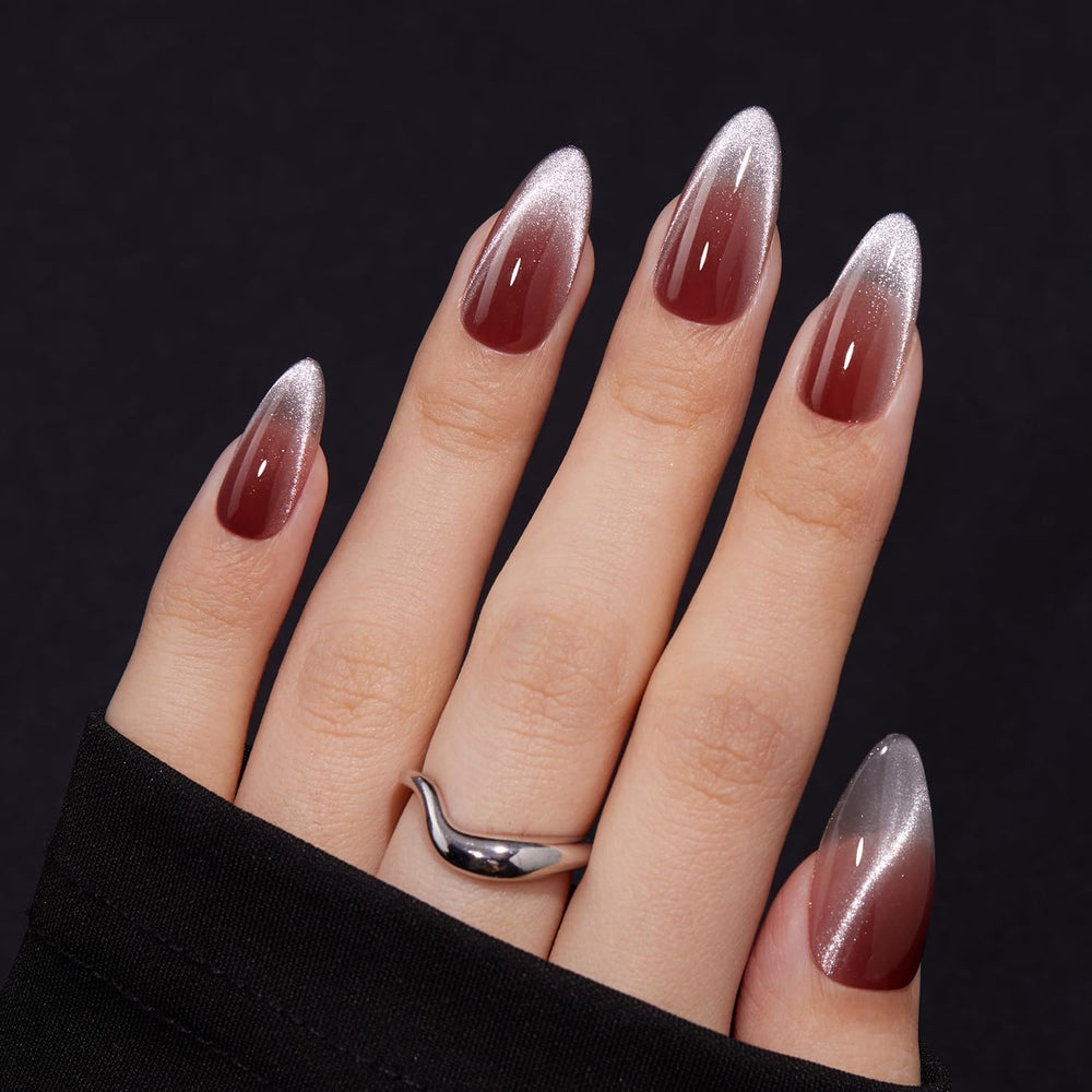 VSALON press-on nails medium almond with red French cat-eye ombre for salon shine