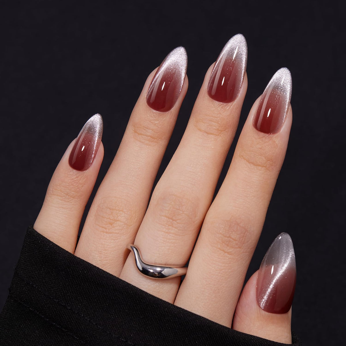 VSALON press-on nails medium almond with red French cat-eye ombre for salon shine