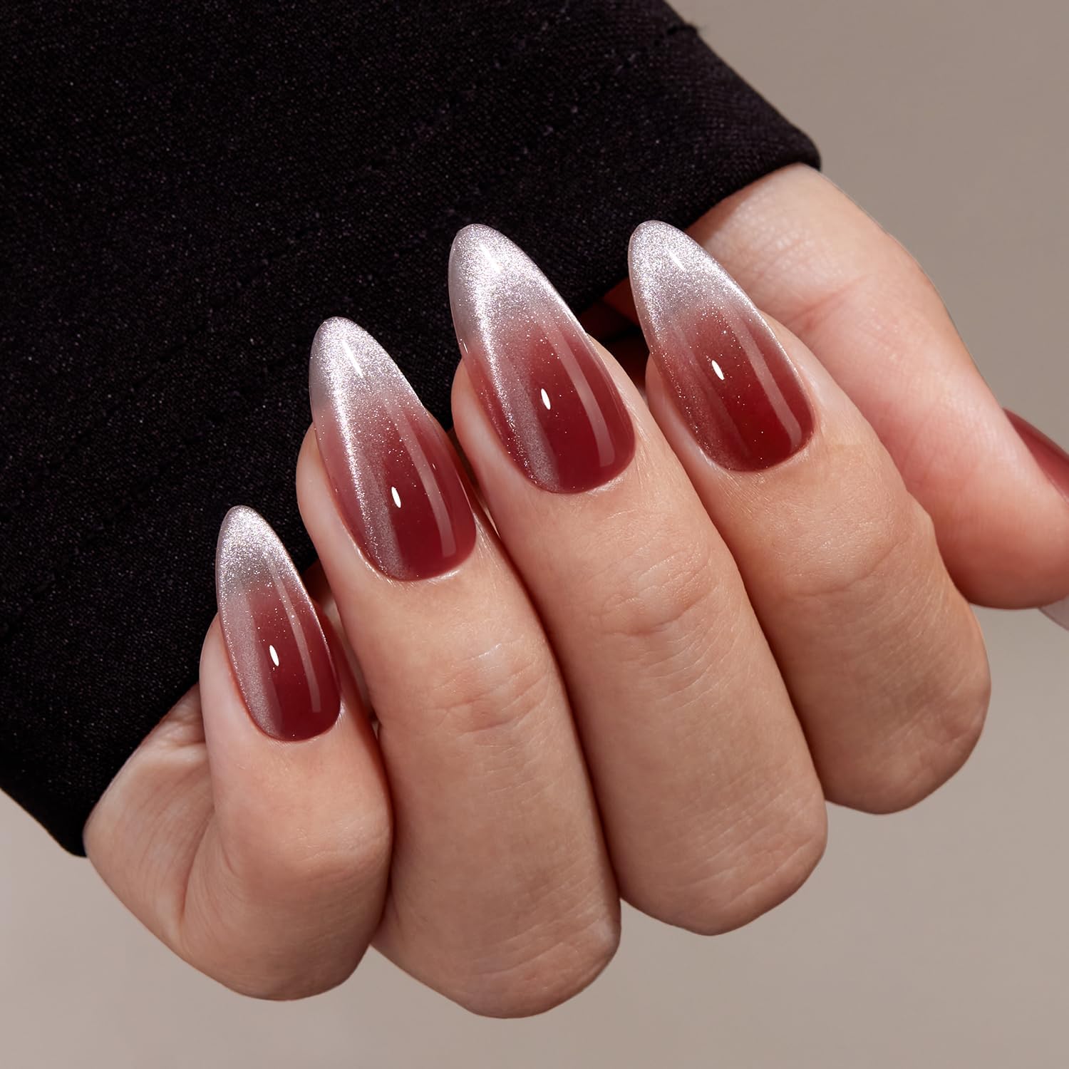 VSALON press-on nails medium almond with red French cat-eye ombre seen up close