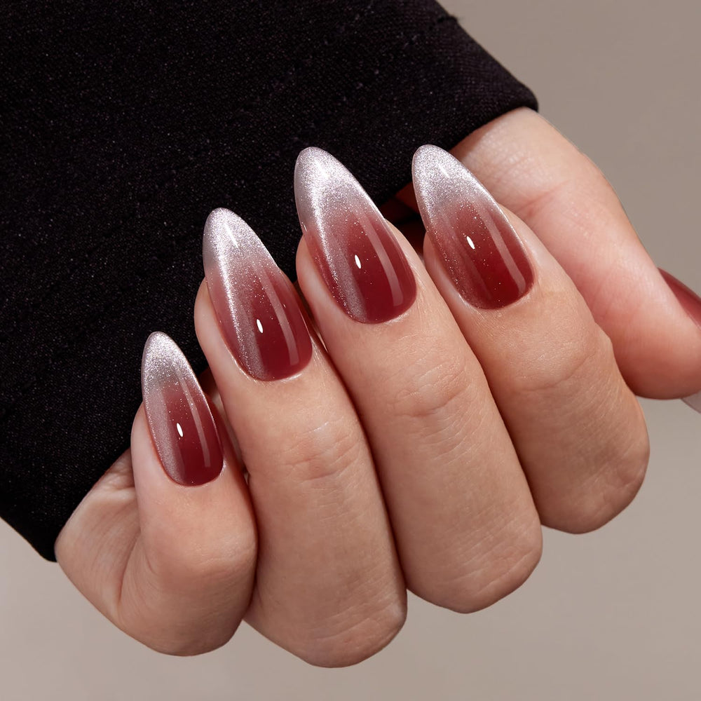 VSALON press-on nails medium almond with red French cat-eye ombre seen up close