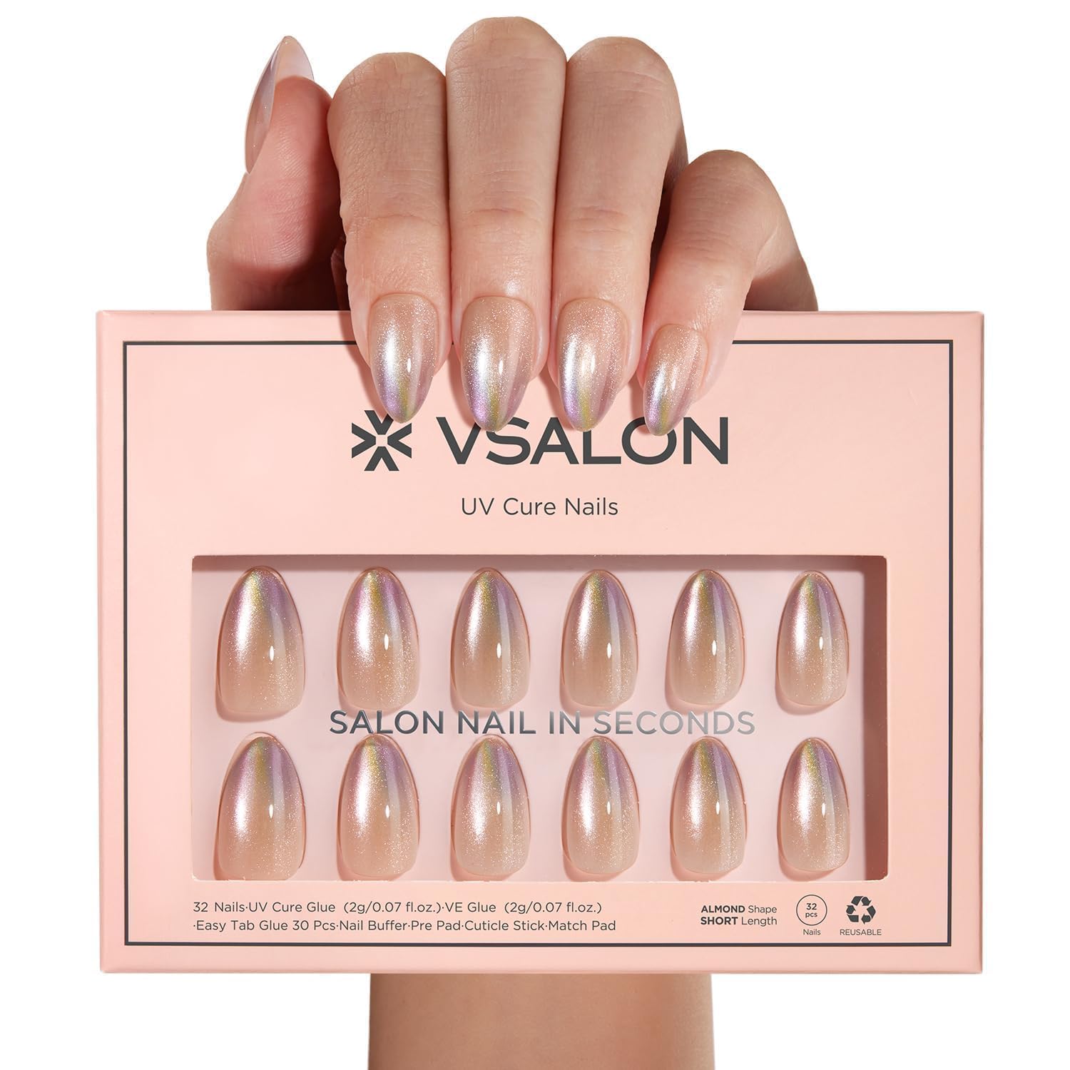 VSALON packaging box featuring the 32 piece press on nails kit