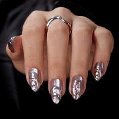 VSALON Short Almond nails with chrome cat-eye finish for glamorous at-home styling