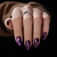 VSALON short almond nails with dark purple cat-eye ribbons for elegant evening glam