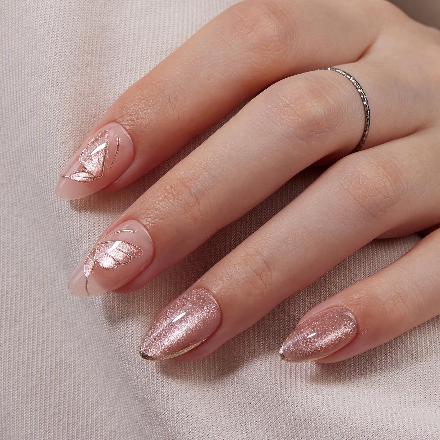 VSALON short almond nails on hand showing natural tapered edge fit