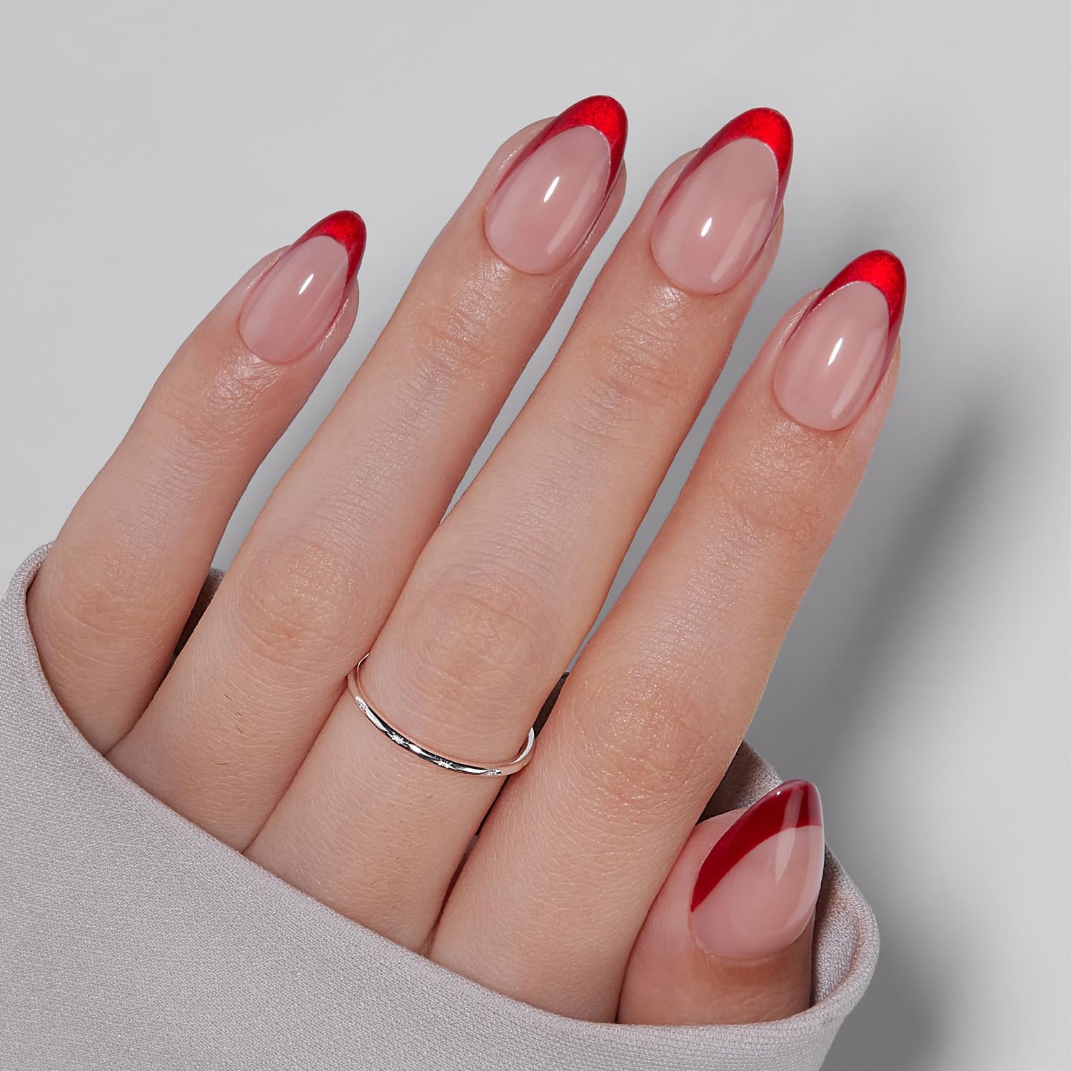 VSALON press-on nails short almond with red French tip kit for a chic manicure