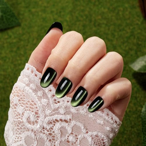 VSALON short oval dark green cat-eye nails with holographic glitter for a chic look.