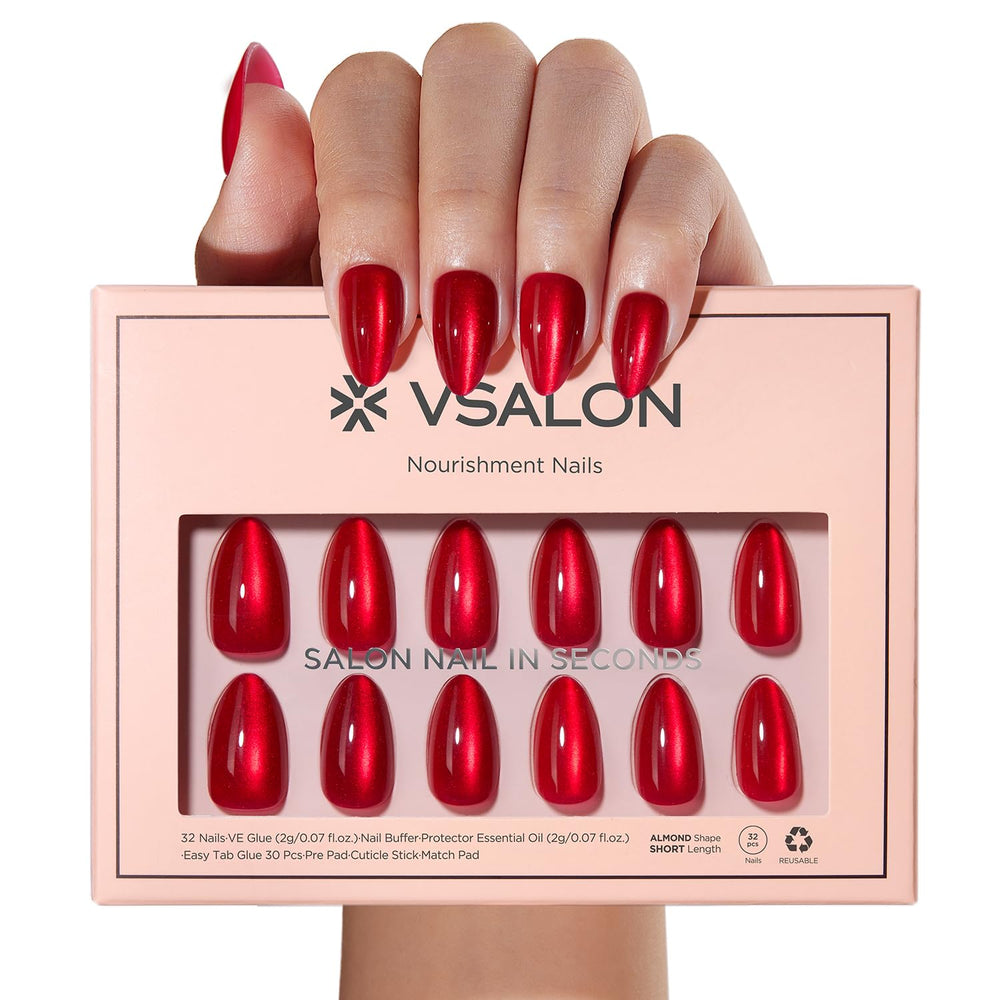 VSALON Pulse Red Cat Eye nails with shimmering glow for party looks