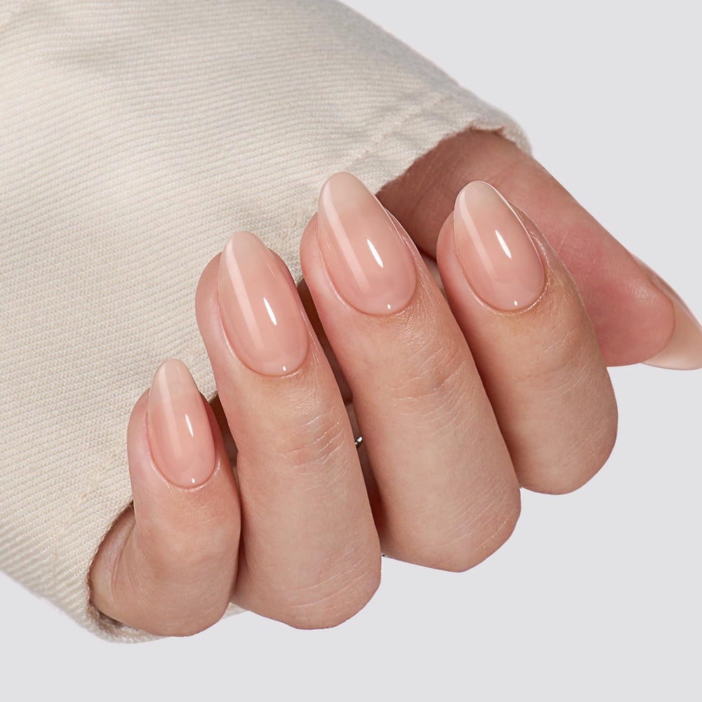 VSALON short almond nails in nude sheer finish for a natural look.