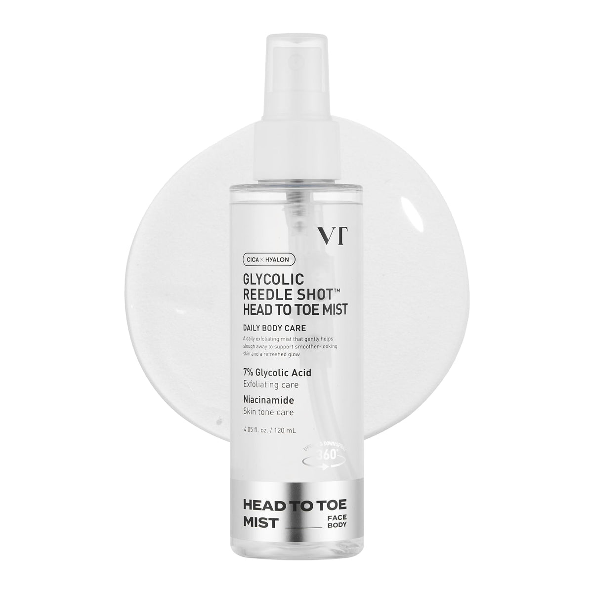 VT COSMETICS 7% Glycolic Acid Reedle Shot Mist bottle for smoother skin texture.