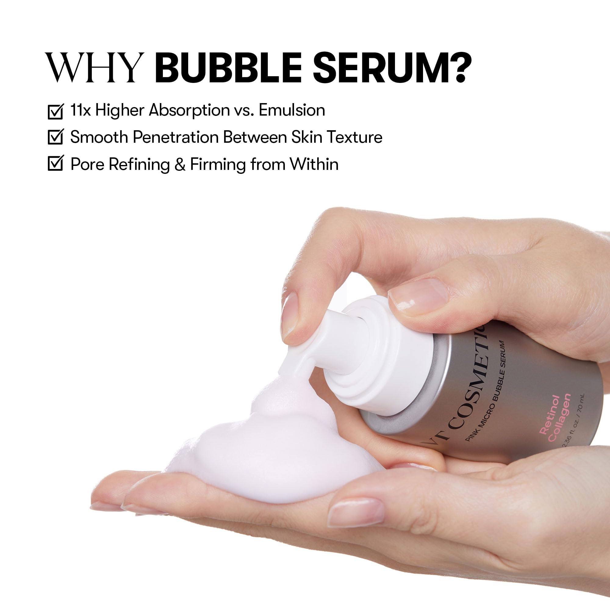 VT COSMETICS Bubble Serum packaging box emphasizes sleek design and easy storage