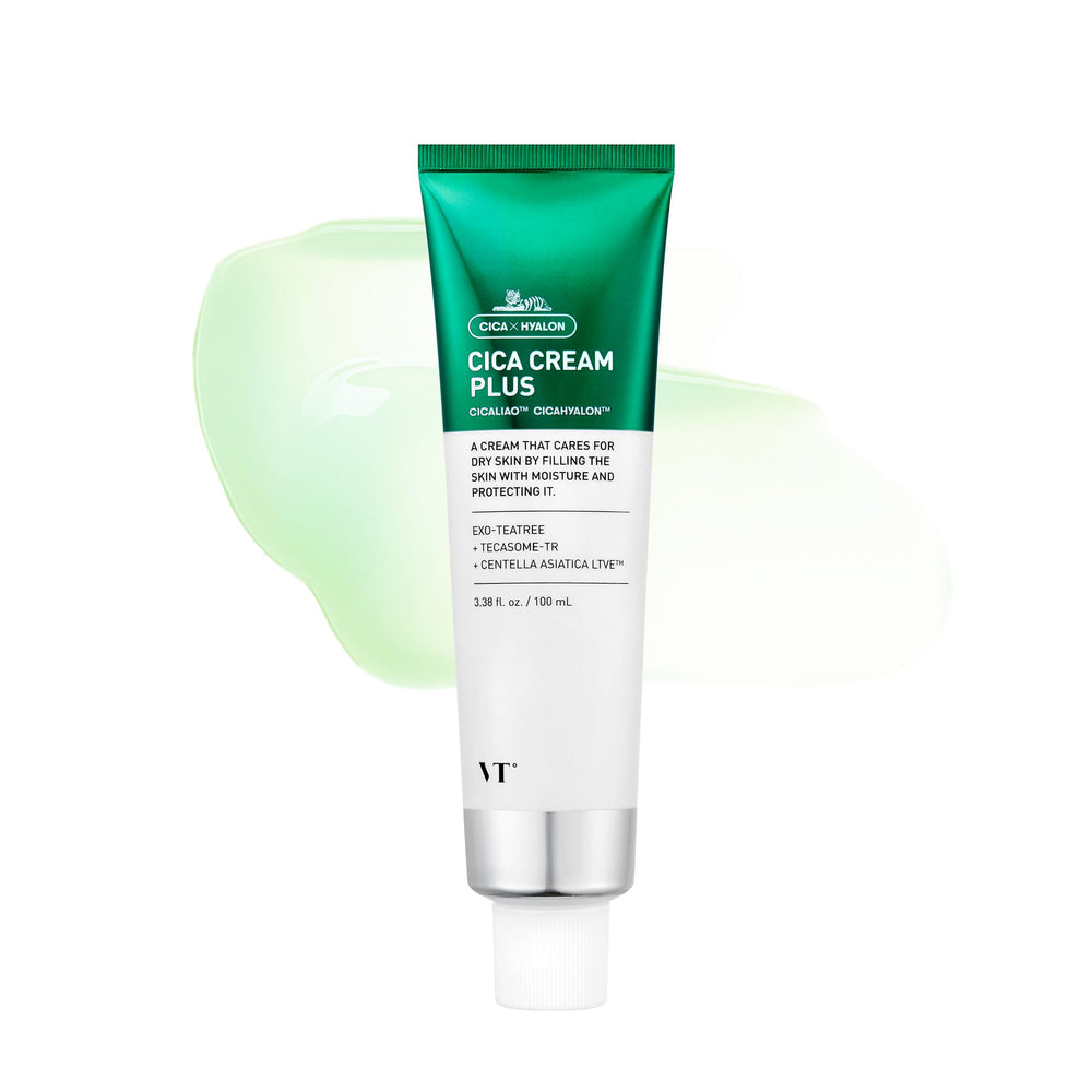 VT Cosmetics Cica Cream Plus glass jar showcases hydrating formula for radiant skin.