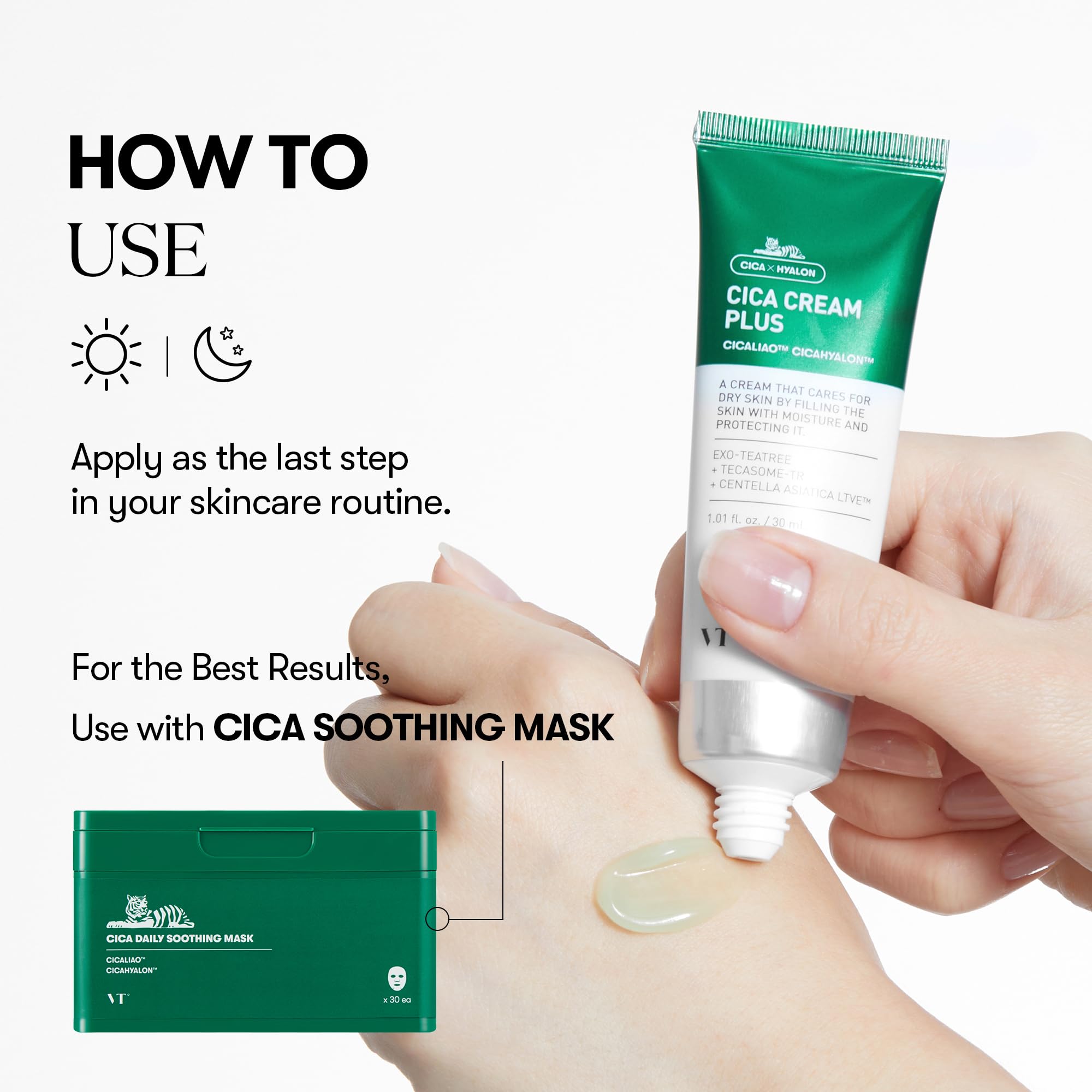 VT Cosmetics Cica Cream Plus bottle in routine setup for day and night use.