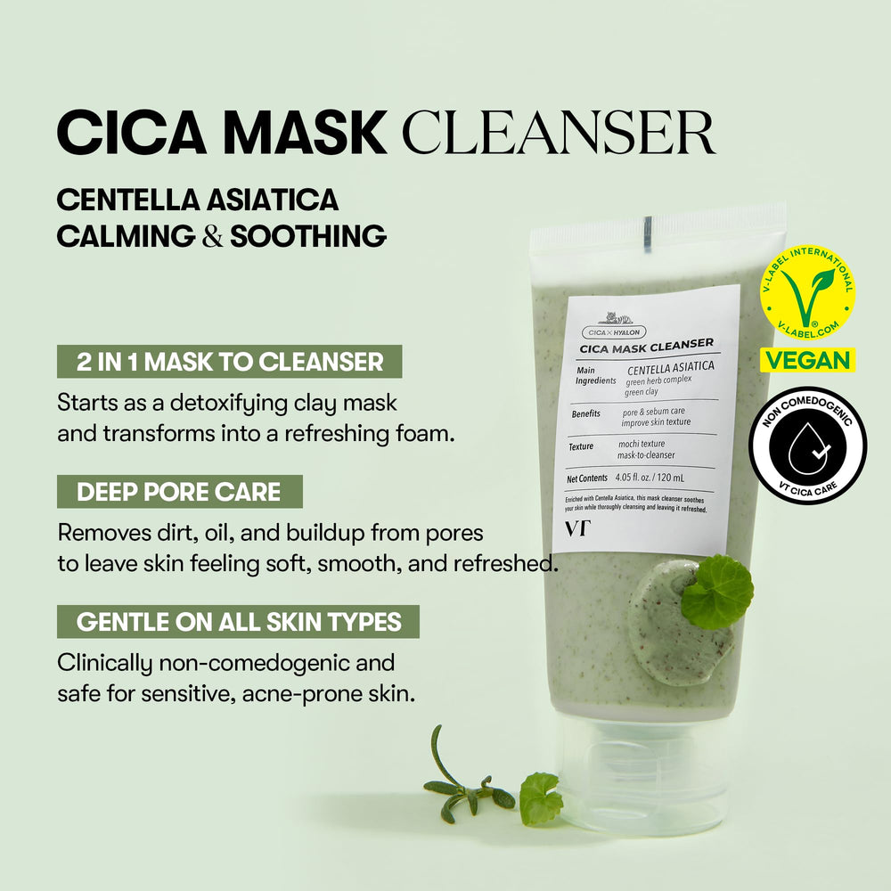 VT COSMETICS CICA Mask Cleanser texture close-up reveals clay-rich formula for pore care.