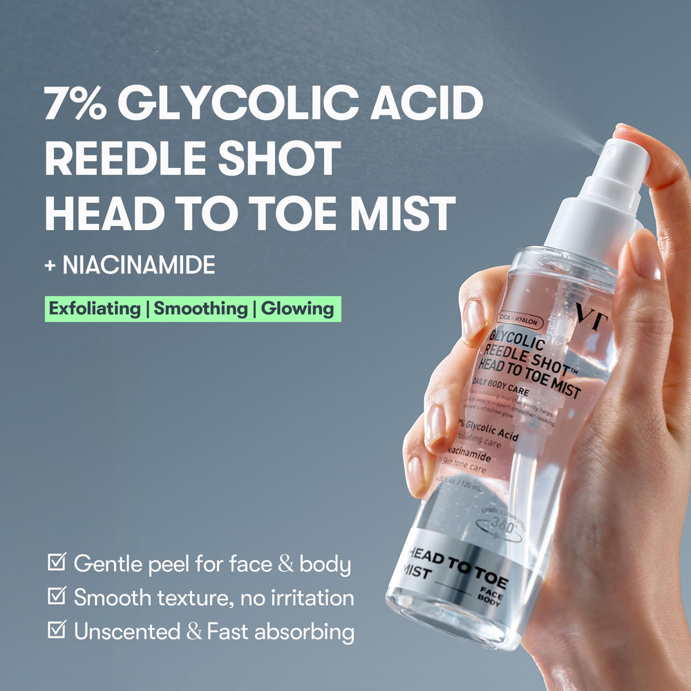 VT COSMETICS head-to-toe exfoliation mist refreshing spray for all-over smoother skin.