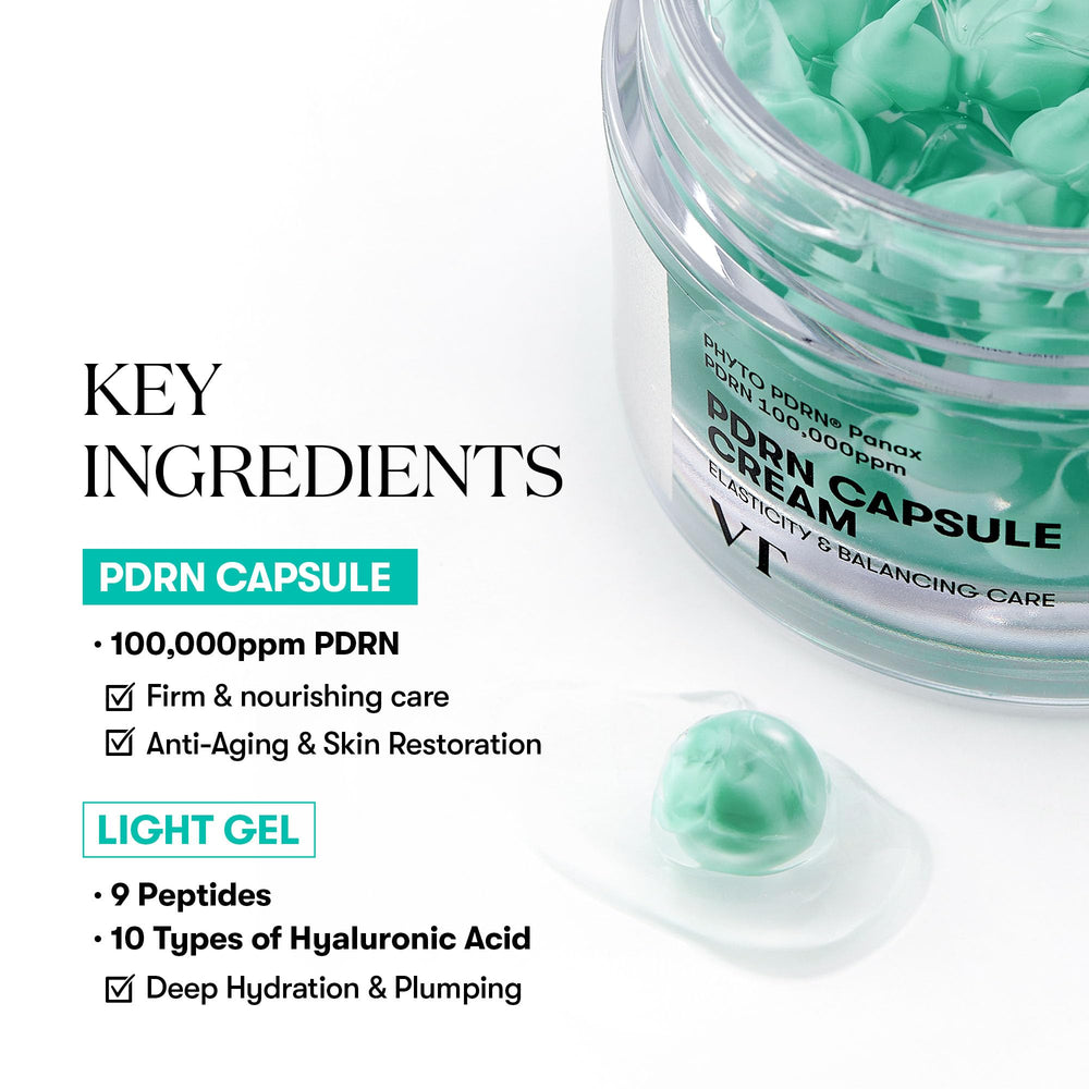 VT COSMETICS PDRN capsules visible in a lightweight gel texture.