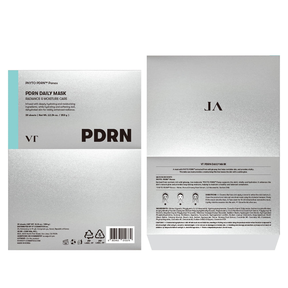 VT COSMETICS PDRN Daily Mask monthly use scene conveys a 30-day skincare routine.