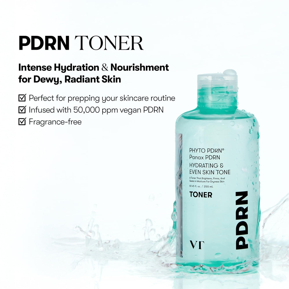 VT COSMETICS PDRN Toner liquid close-up highlighting light hydration.
