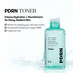 VT COSMETICS PDRN Toner liquid close-up highlighting light hydration.