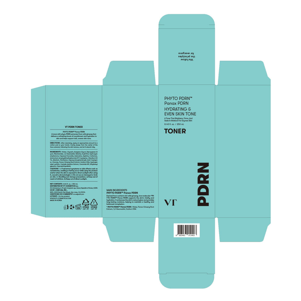 VT COSMETICS PDRN Toner packaging showcases clean, vegan design.