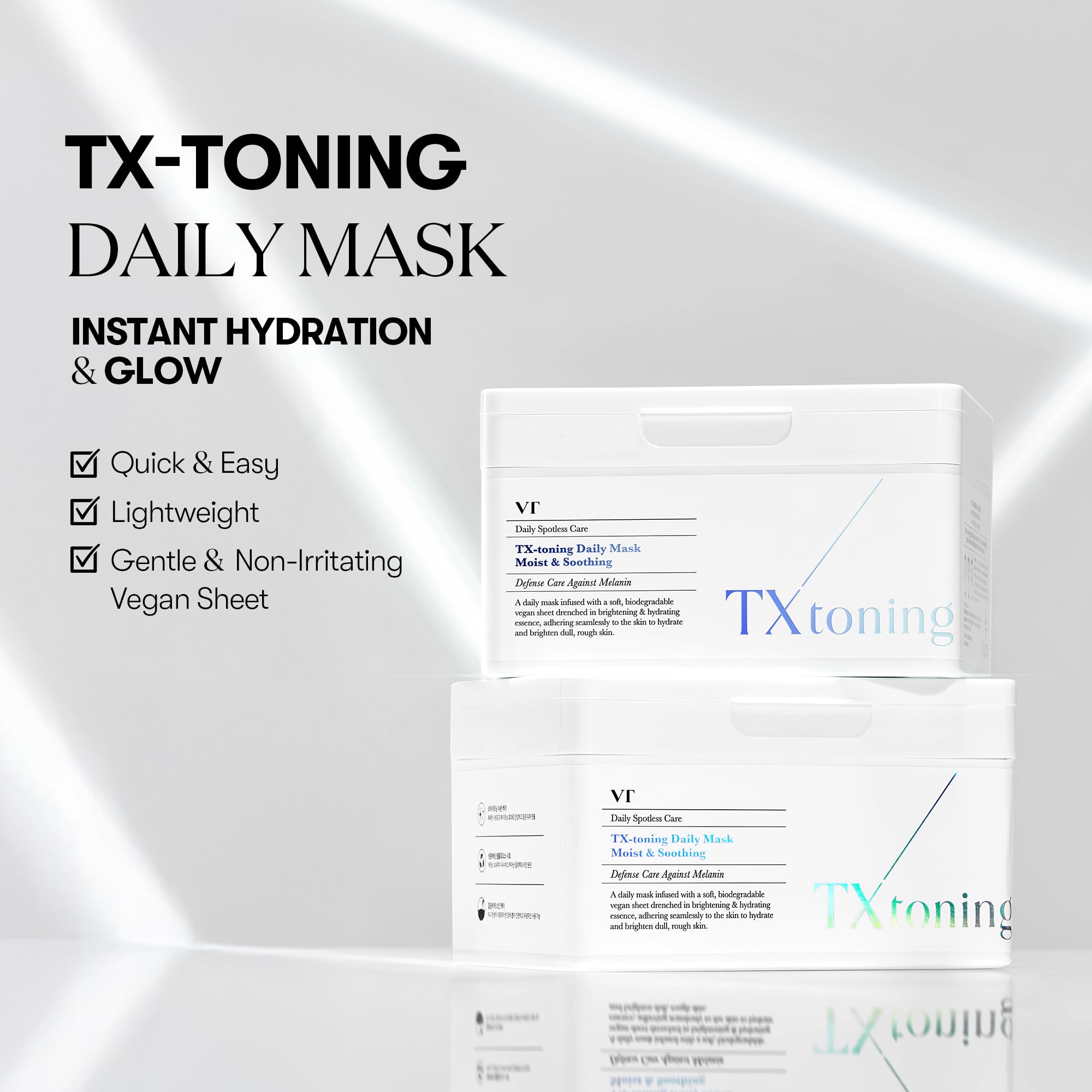 VT COSMETICS TX Toning Daily Mask box-30-sheets highlights a daily hydration routine.