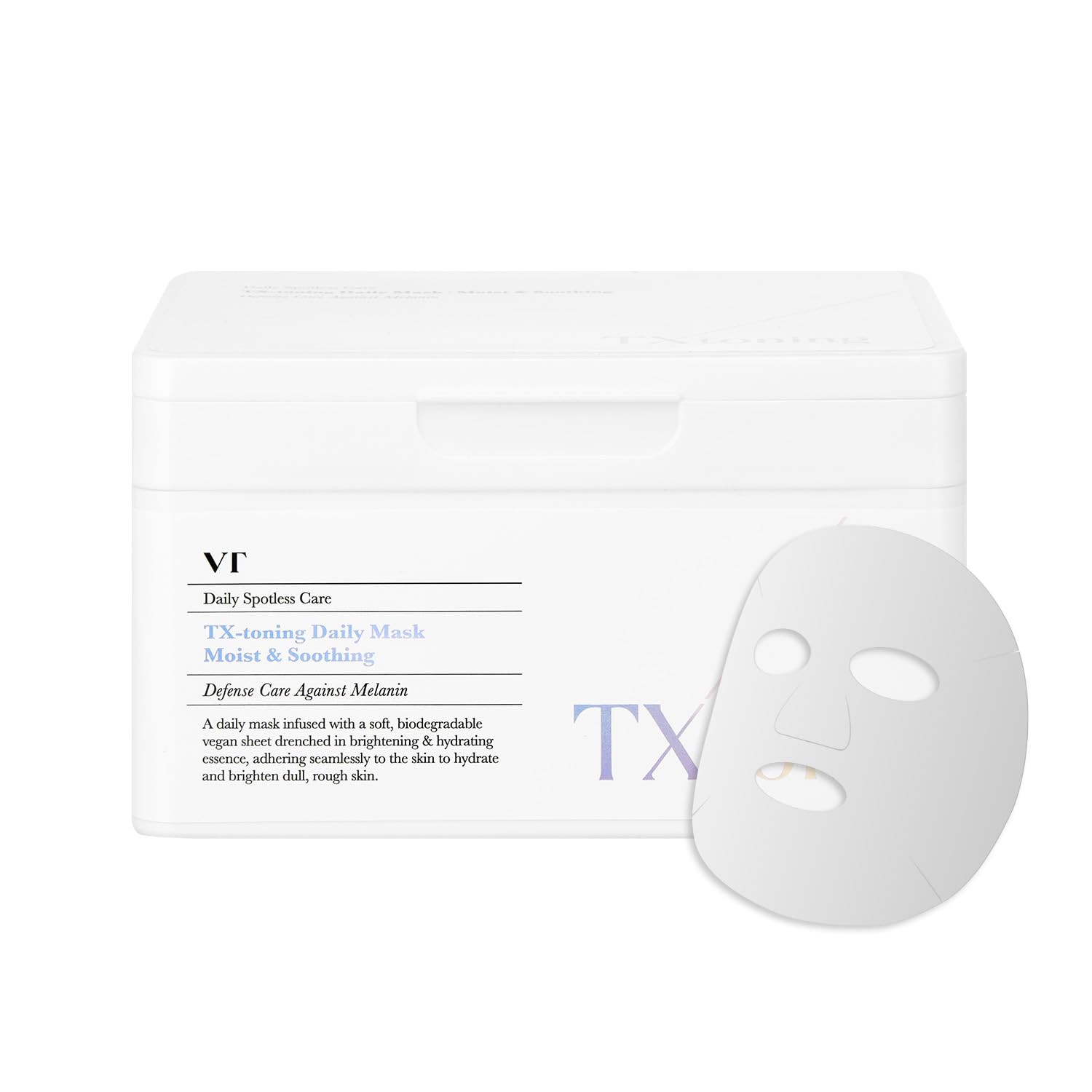VT COSMETICS TX Toning Daily Mask close-up shows hydrating, plump skin for a refreshed look.