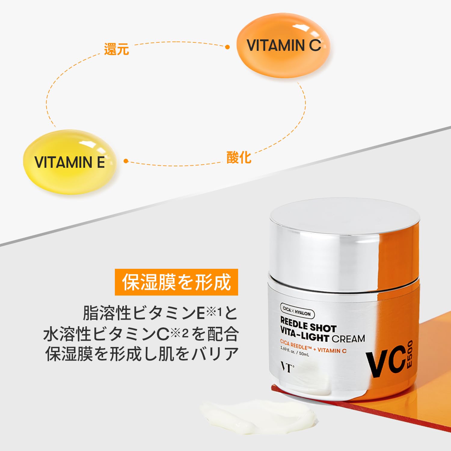 VT COSMETICS Vita-Light Cream graphic highlights vitamins C, B, E and glutathione