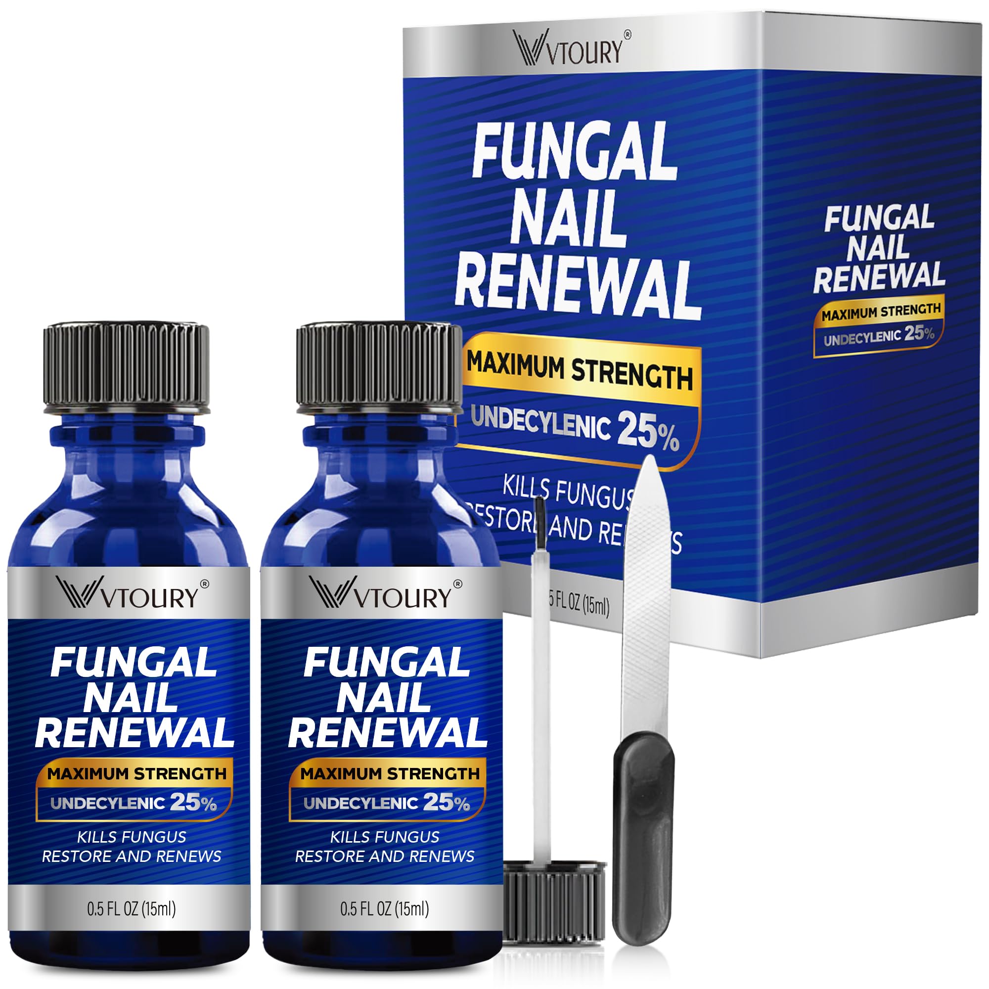 VTROUY toenail fungus treatment bottle shows targeted application for nail health.