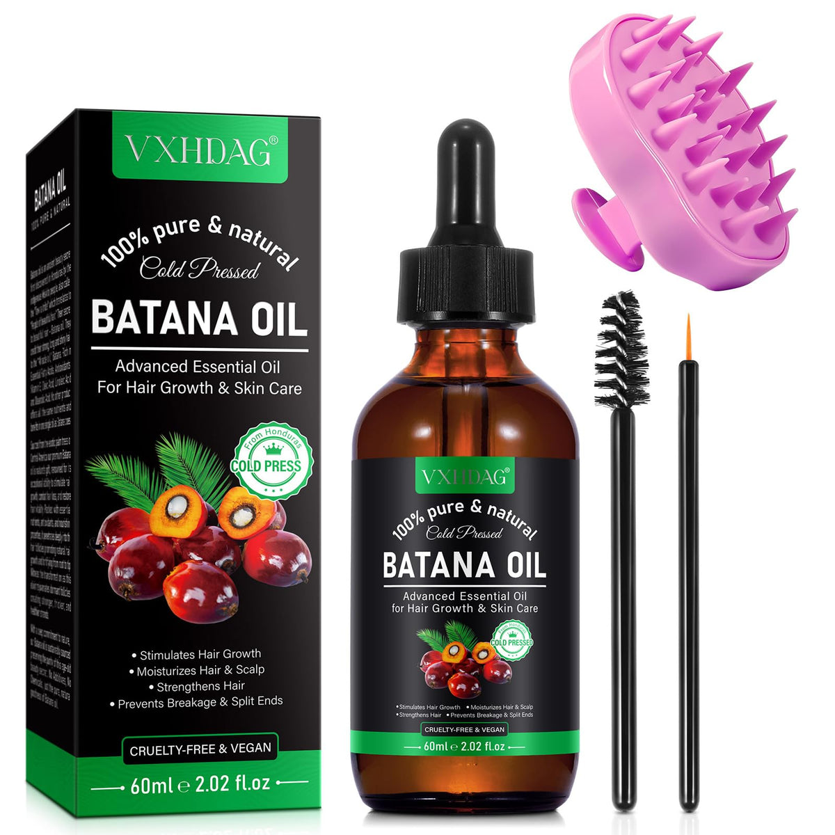 VXHDAG Batana Oil bottle showcases rich, pure Honduran formula for hair care.