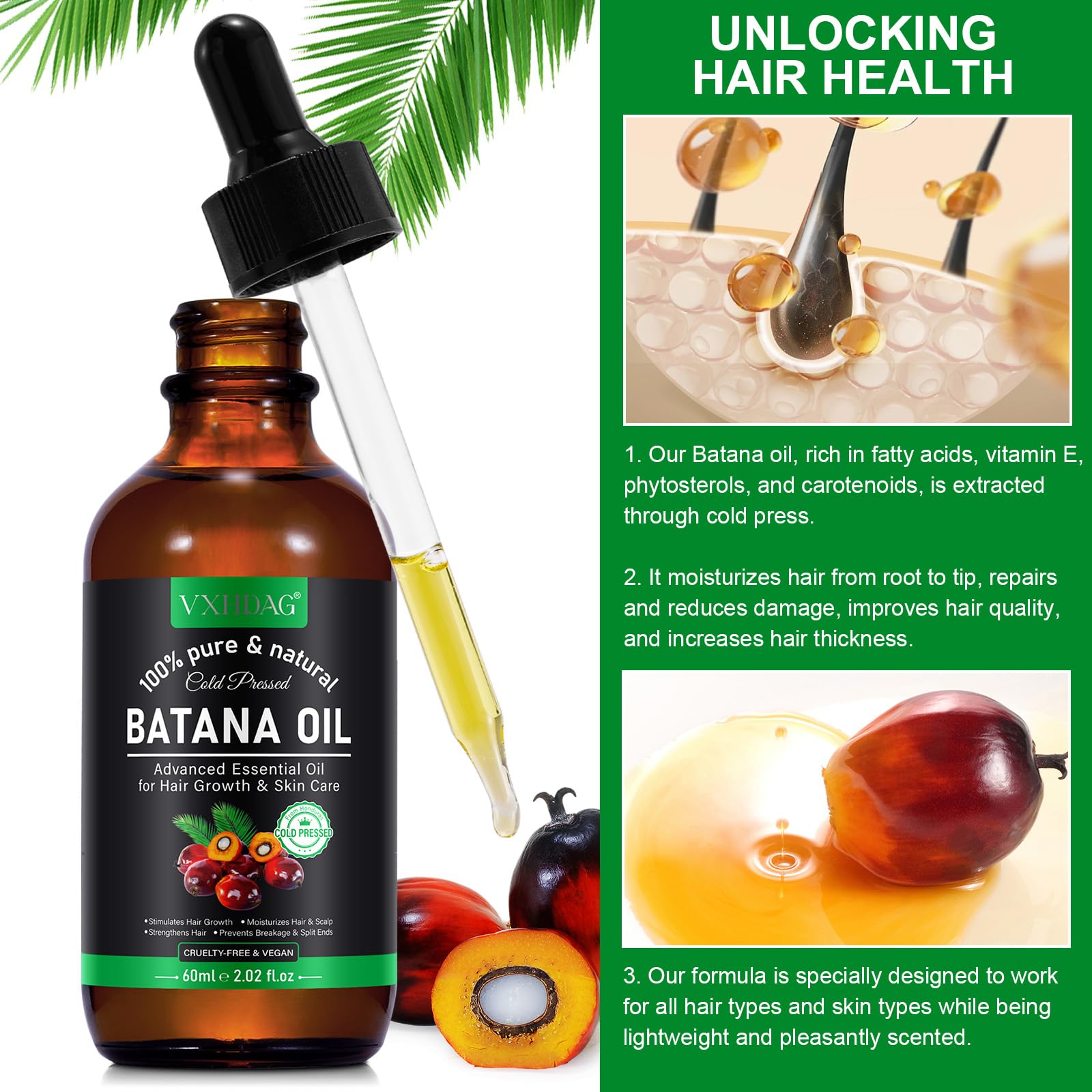 Ingredients panel of VXHDAG Batana Oil emphasizing fatty acids and antioxidants