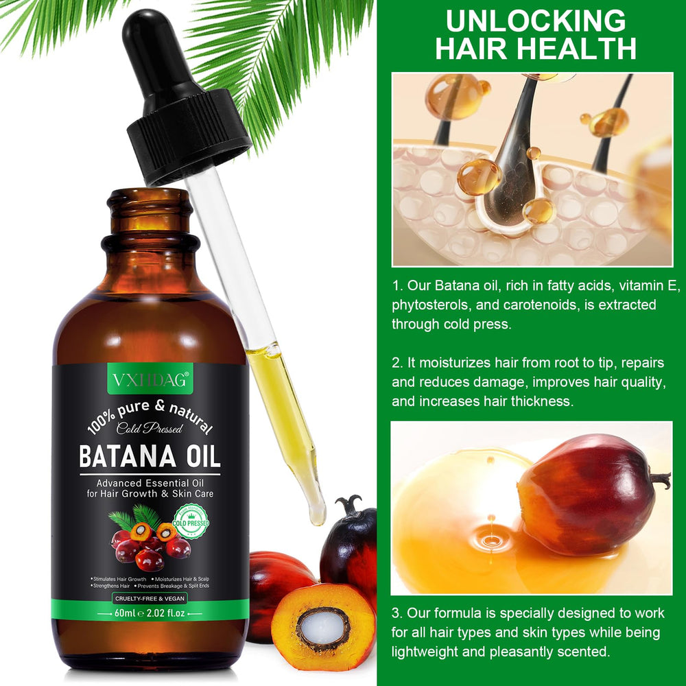 Ingredients panel of VXHDAG Batana Oil emphasizing fatty acids and antioxidants