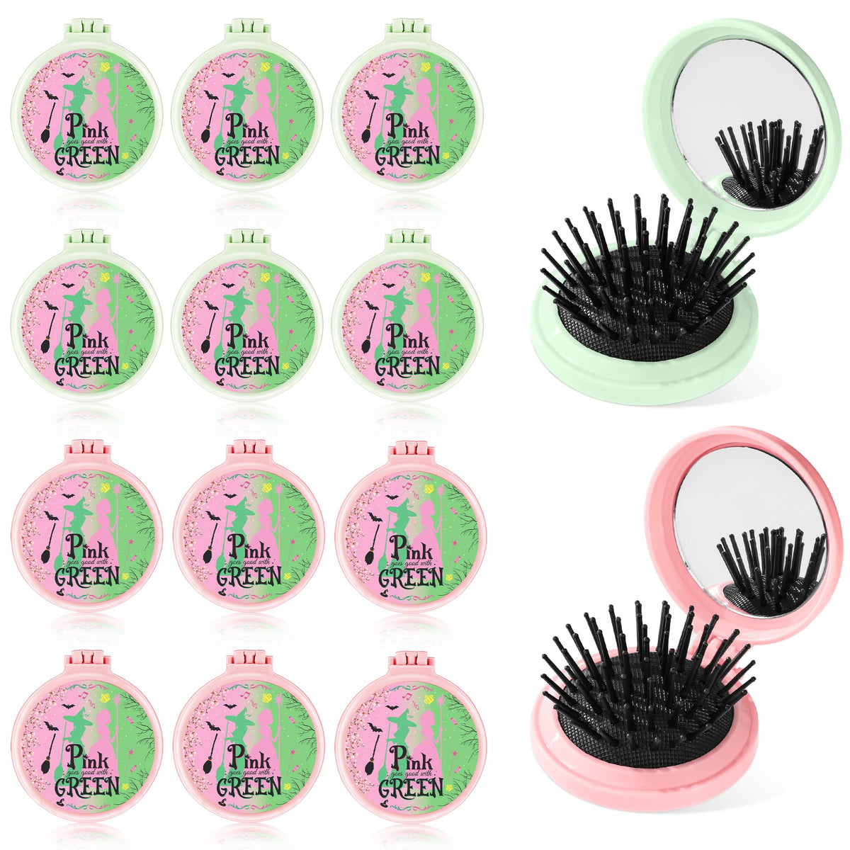 Vynium Witch Princess brush and mirror in pink and green for quick touch-ups