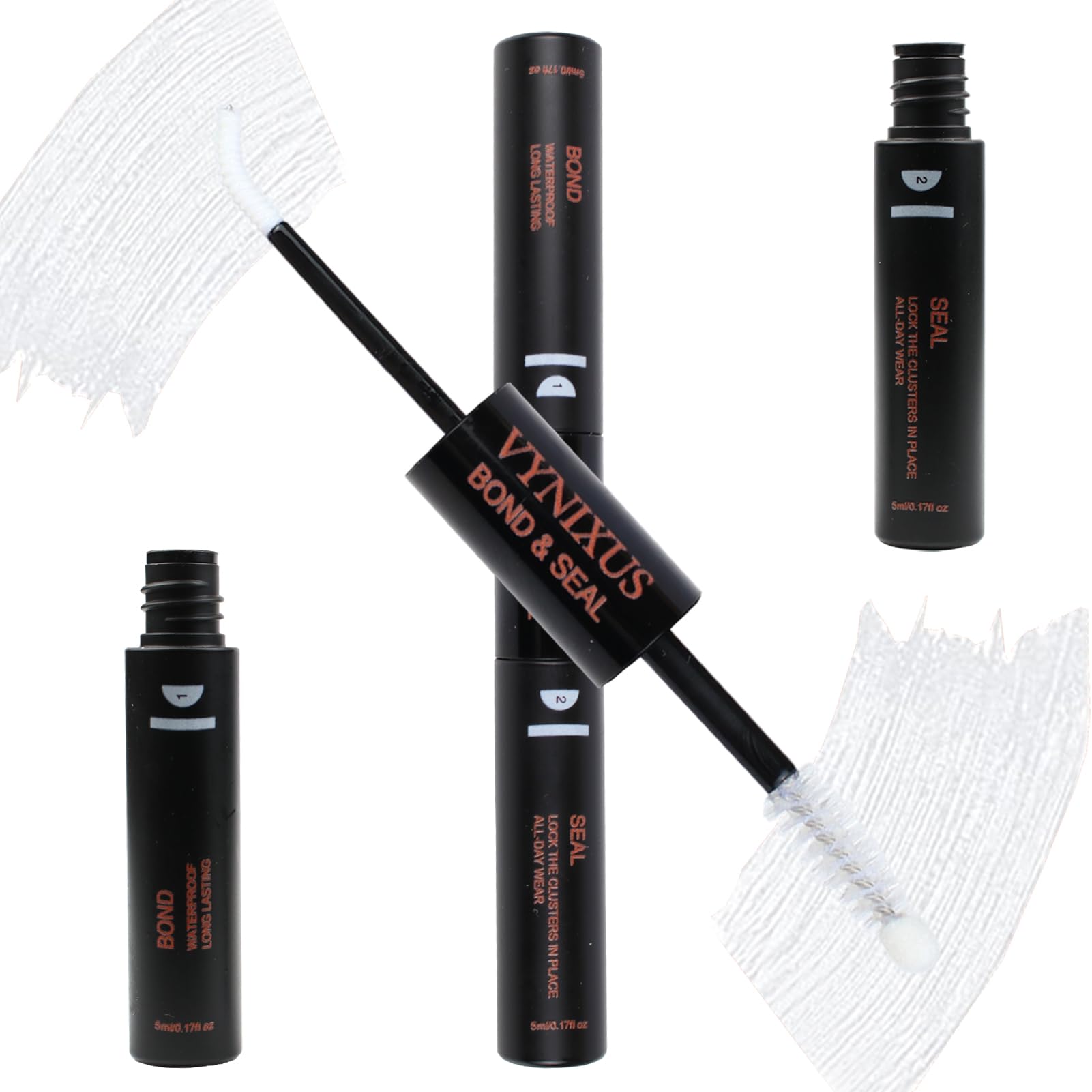 VYNIXUS Lash Bond & Seal bottle close-up, 2-in-1 formula for easy lash extensions.