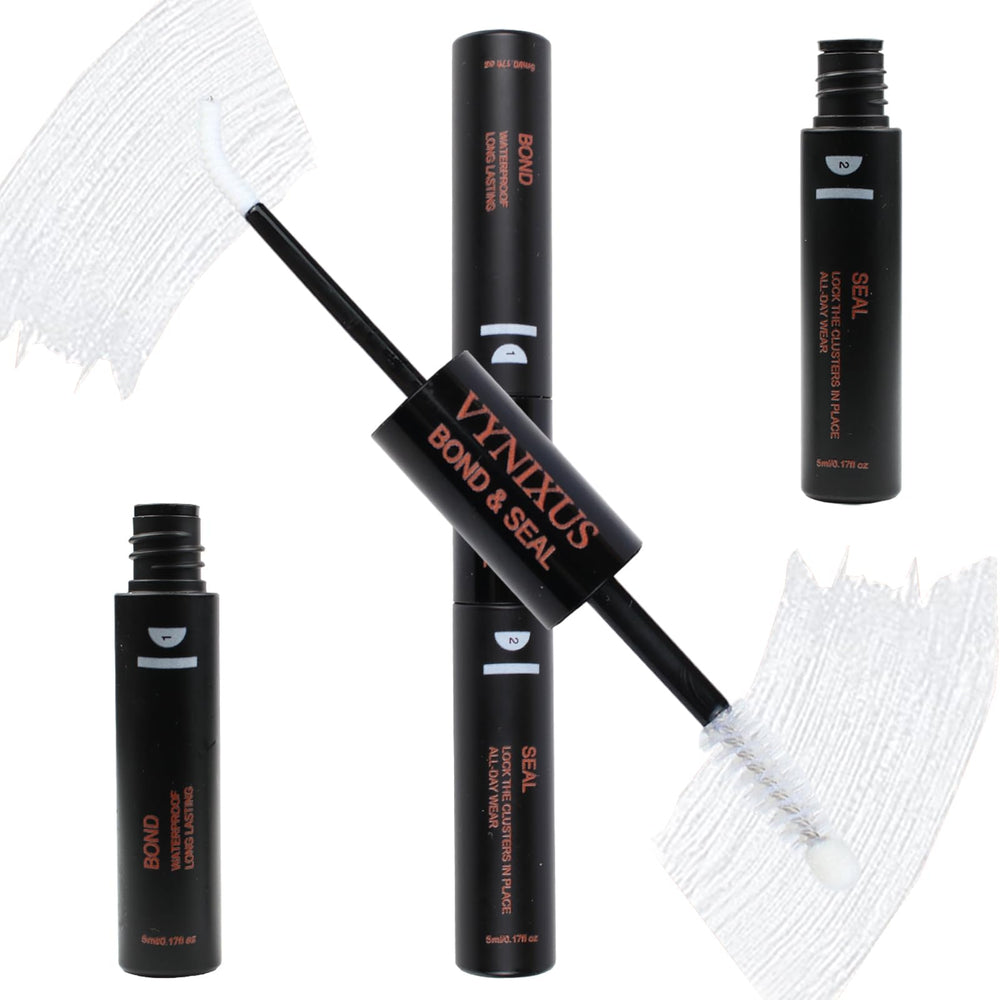 VYNIXUS Lash Bond & Seal bottle close-up, 2-in-1 formula for easy lash extensions.